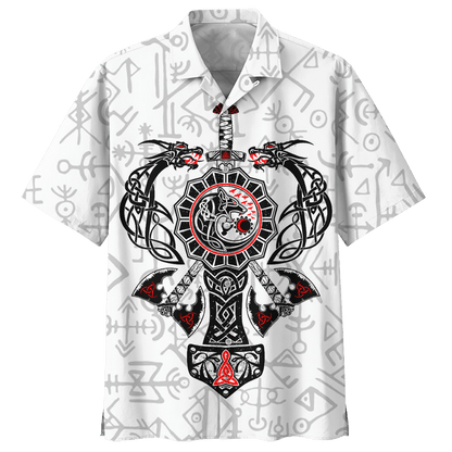 Viking Dragon On White Background Pattern Hawaiian Shirt, Hwaiian For Gift