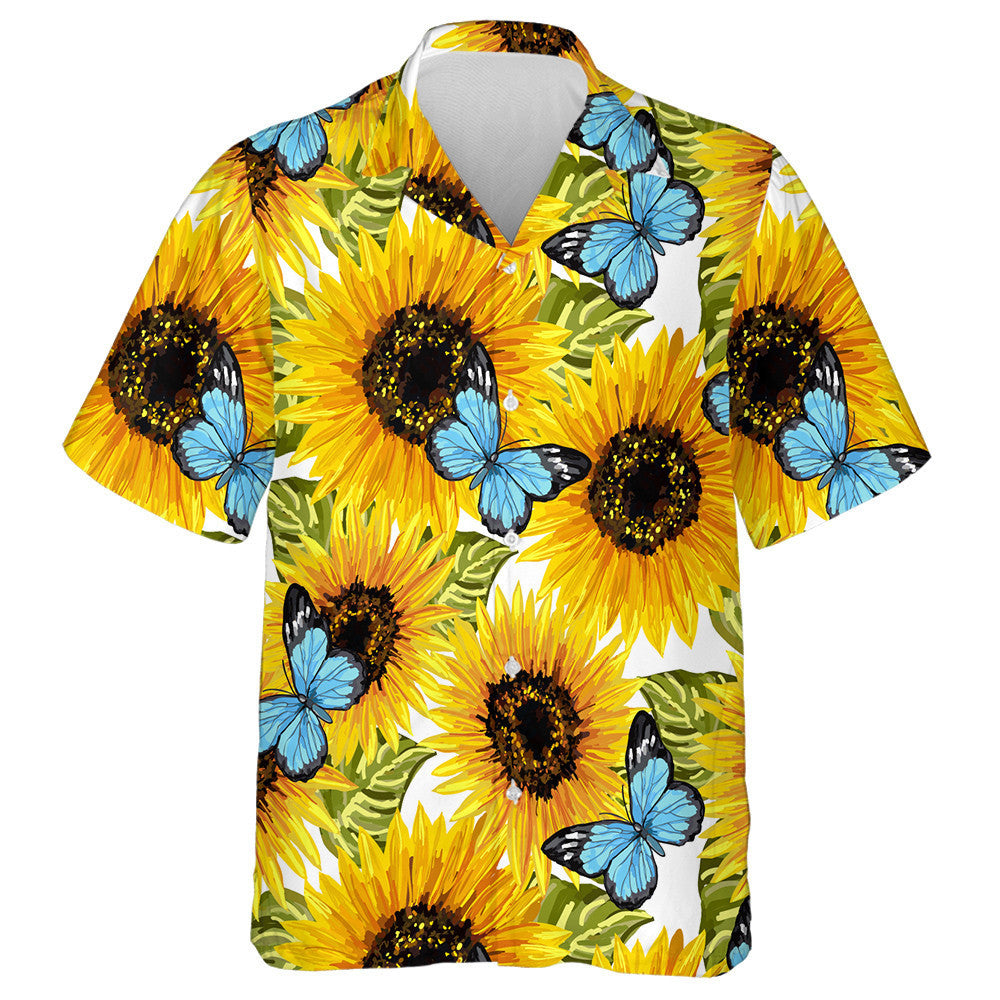 Sunflowers And Blue Butterfly On White Background Hawaiian Shirt, Hawaiian Shirt Gift, Christmas Gift
