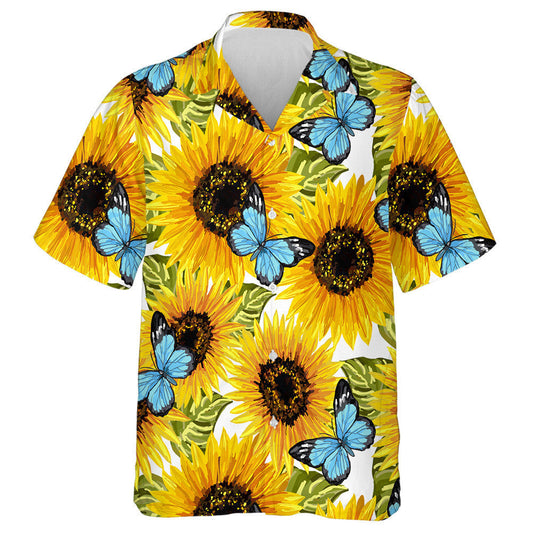 Sunflowers And Blue Butterfly On White Background Hawaiian Shirt, Hawaiian Shirt Gift, Christmas Gift