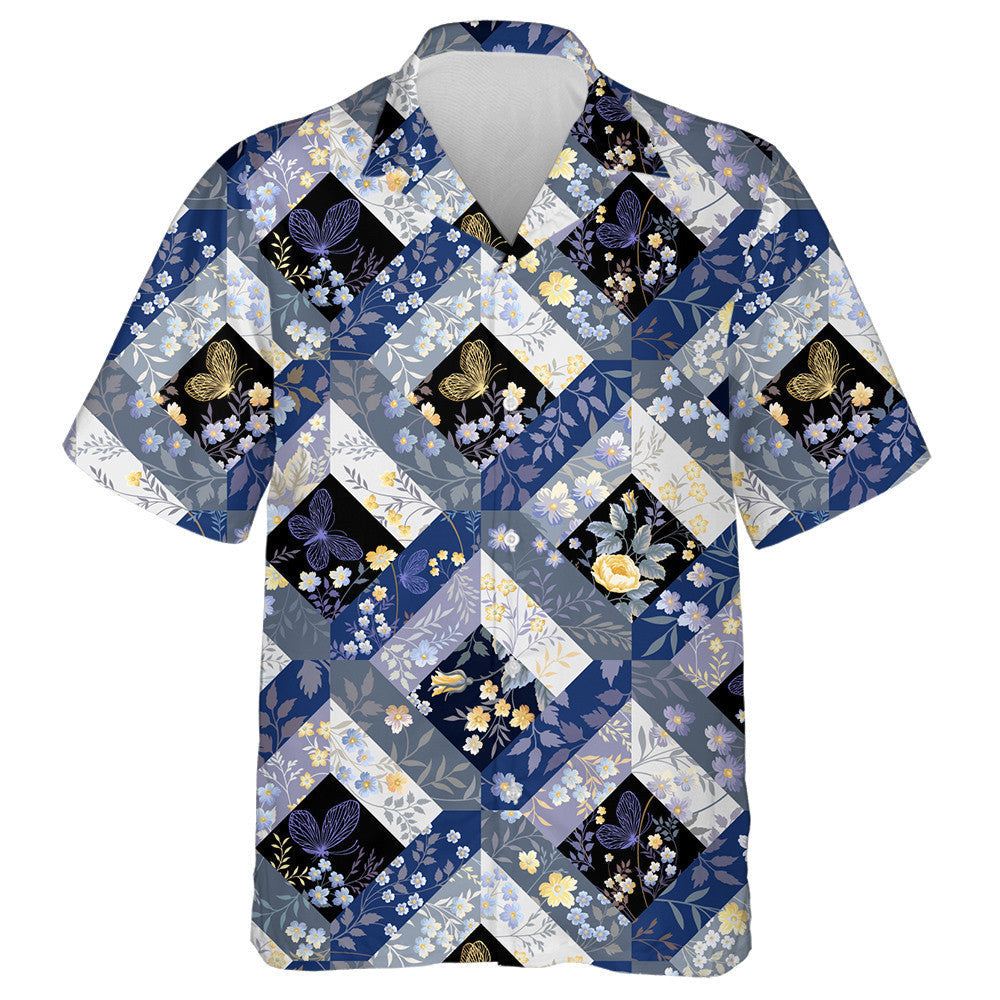 Spring Theme Patchwork With Butterfly On Black Hawaiian Shirt, Hawaiian Shirt Gift, Christmas Gift