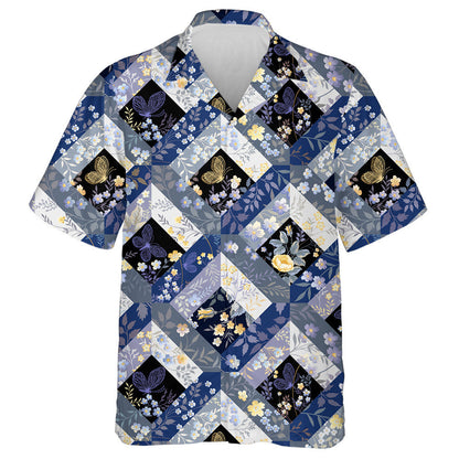 Spring Theme Patchwork With Butterfly On Black Hawaiian Shirt, Hawaiian Shirt Gift, Christmas Gift