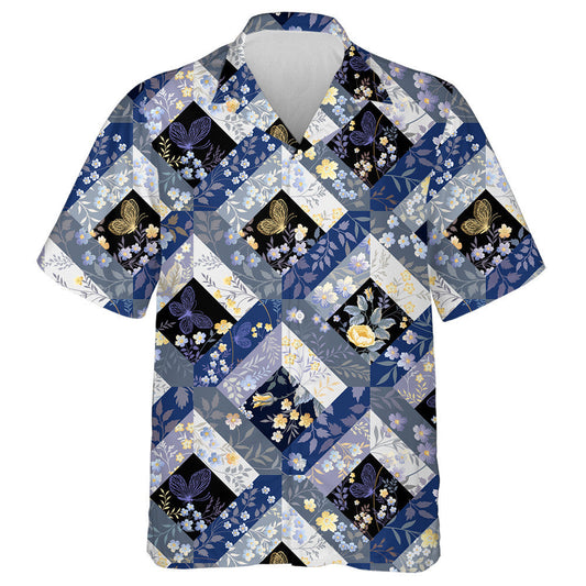 Spring Theme Patchwork With Butterfly On Black Hawaiian Shirt, Hawaiian Shirt Gift, Christmas Gift