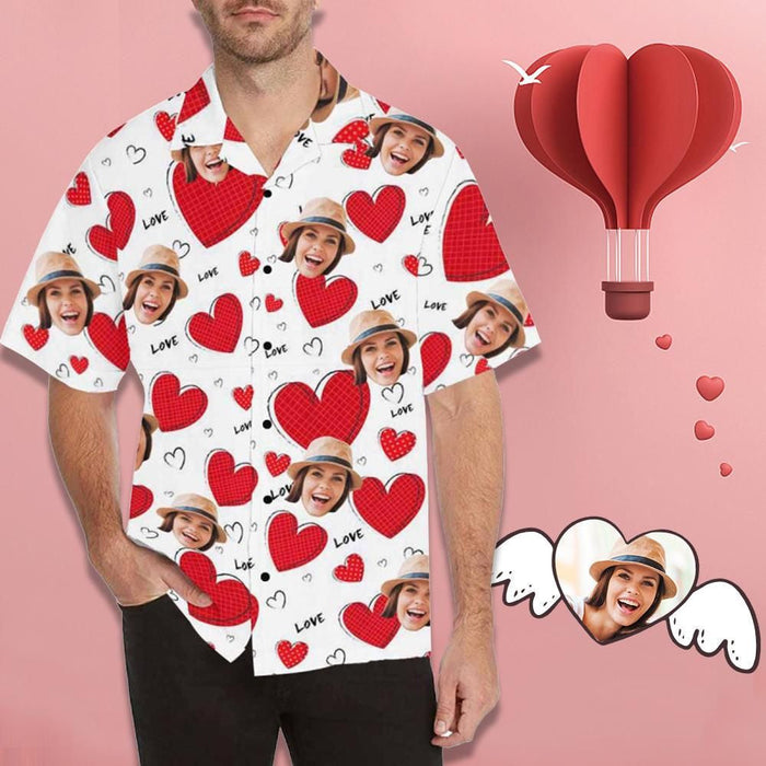 Romantic Red Hearts Love In White Custom Photo Hawaiian Shirt, Hawaiian Shirt Gift, Christmas Gift