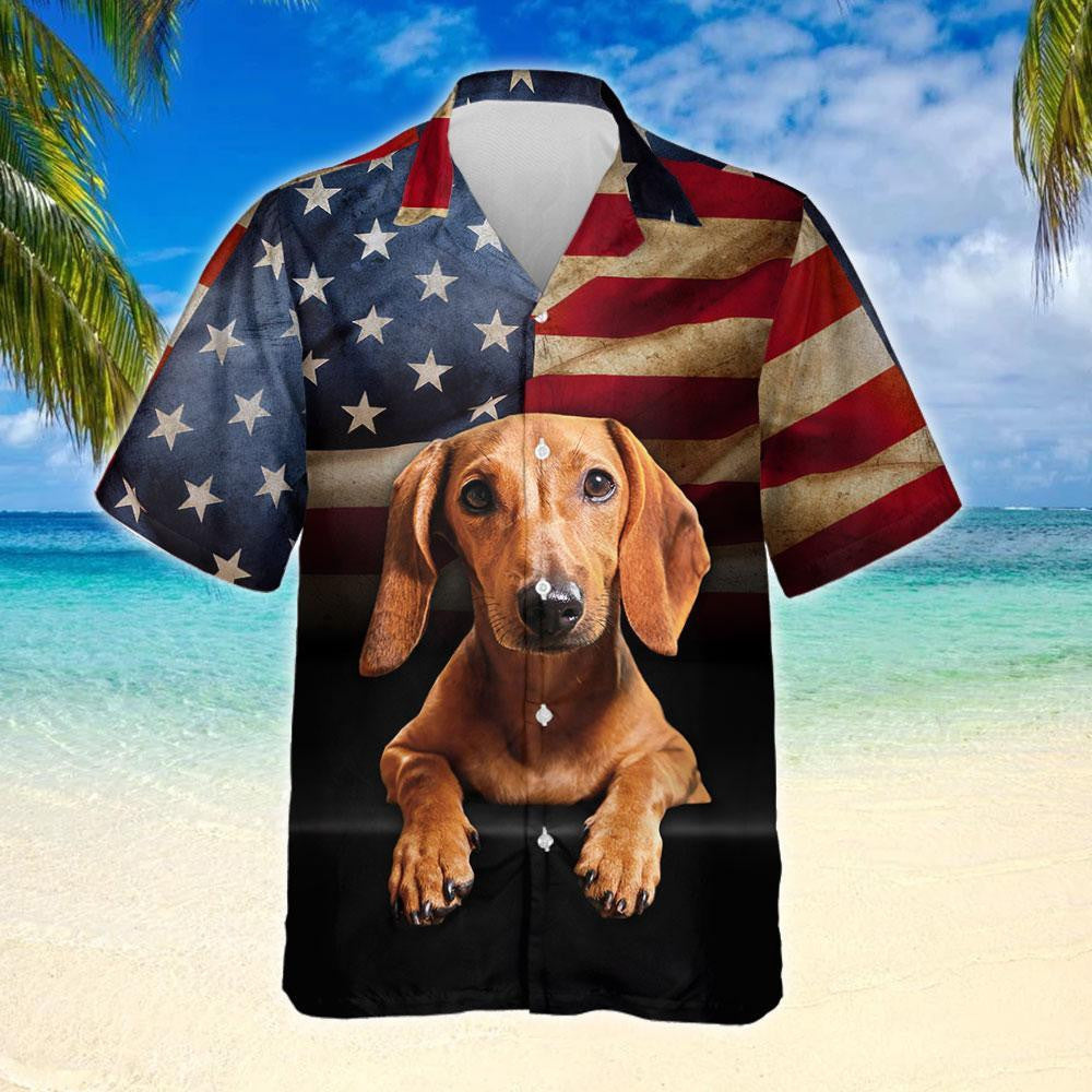 Old USA Flag Red Dachshund Design Hawaiian Shirt,Hawaiian Shirt Gift, Christmas Gift