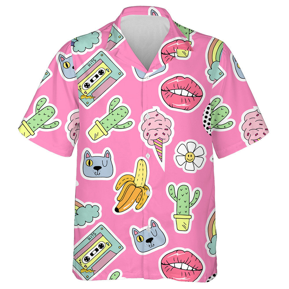 Cartoon Patch Badges With Lips And Cat Hawaiian Shirt, Hawaiian Shirt Gift, Christmas Gift