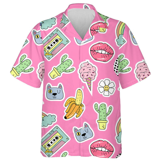 Cartoon Patch Badges With Lips And Cat Hawaiian Shirt, Hawaiian Shirt Gift, Christmas Gift