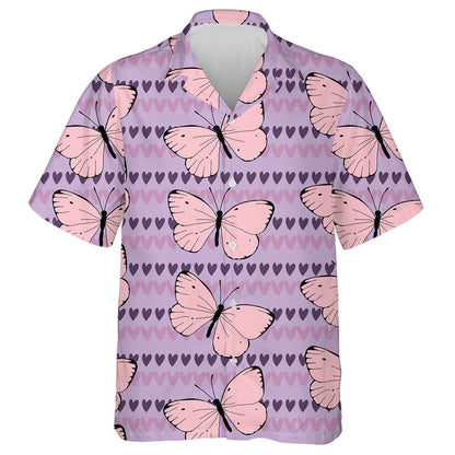 Téama an Earraigh Féileacáin Bándearg ar Pastel Le Hearts Léine Haváís, Bronntanas Léine Haváís, Bronntanas Nollag