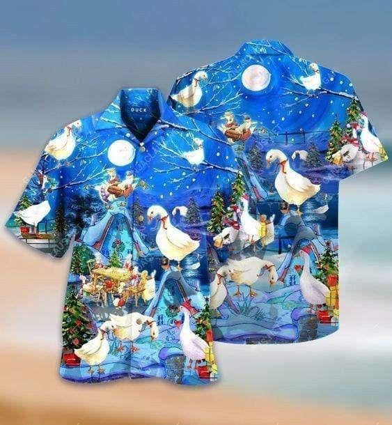 Ducks On Christmas Eve Blue Sky Design Hawaiian Shirt, Hawaiian Shirt Gift, Christmas Gift