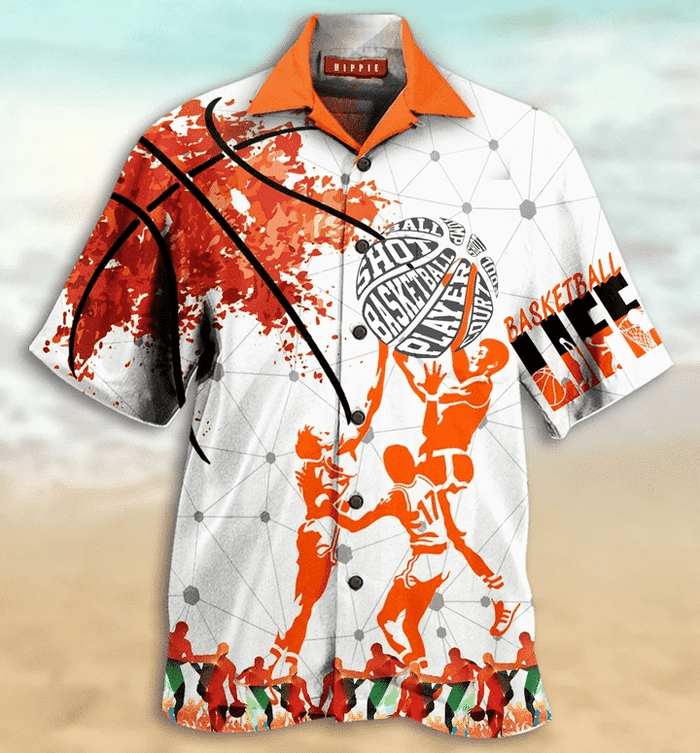 Amazing Basketball Orange Silhouettes Design Hawaiian Shirt, Hawaiian For Gift