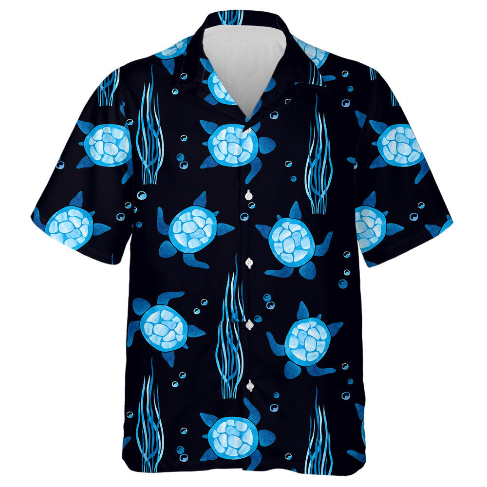 Neon Blue Turtles And Seaweeds On Black Hawaiian Shirt, Hawaiian Shirt Gift, Christmas Gift