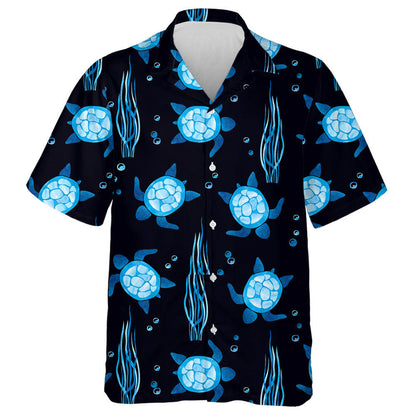 Neon Blue Turtles And Seaweeds On Black Hawaiian Shirt, Hawaiian Shirt Gift, Christmas Gift