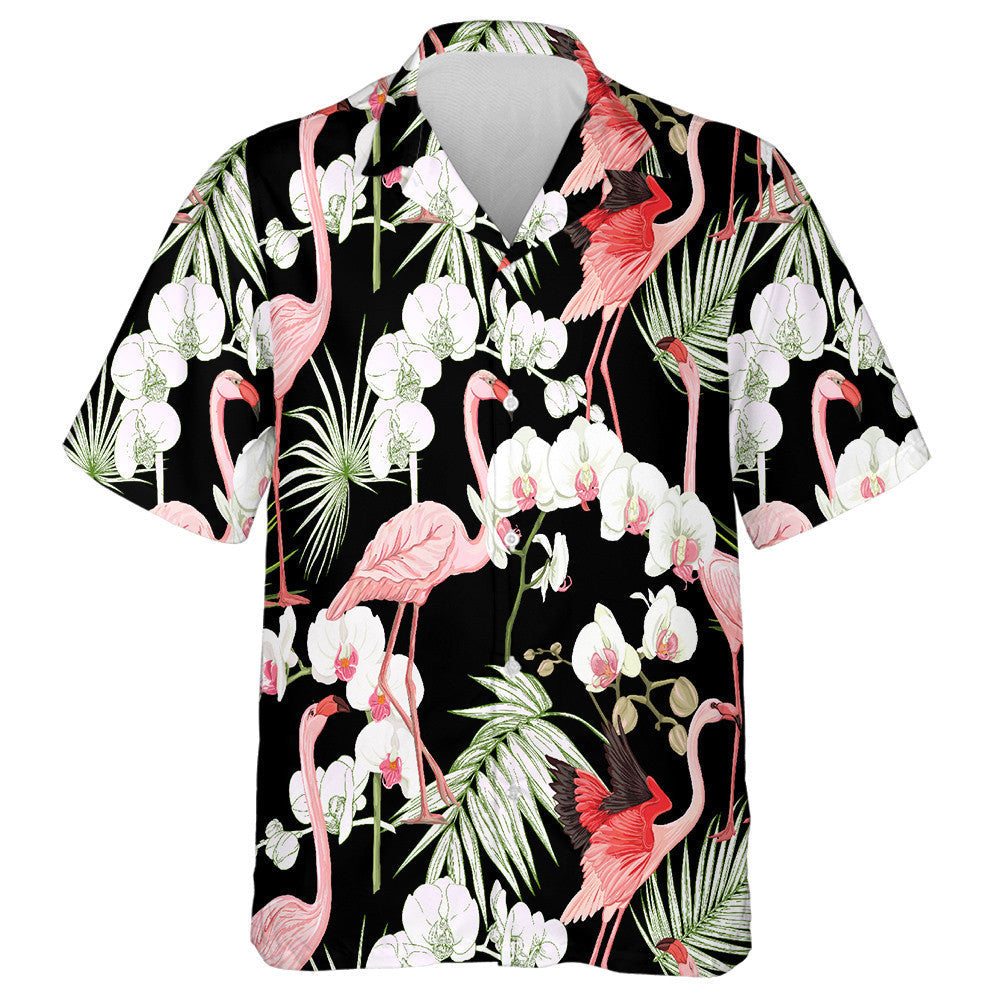Tropical Plants White Orchid Flowers And Flamingo Hawaiian Shirt, Hawaiian Shirt Gift, Christmas Gift
