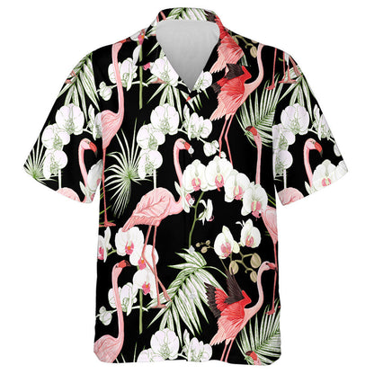 Tropical Plants White Orchid Flowers And Flamingo Hawaiian Shirt, Hawaiian Shirt Gift, Christmas Gift