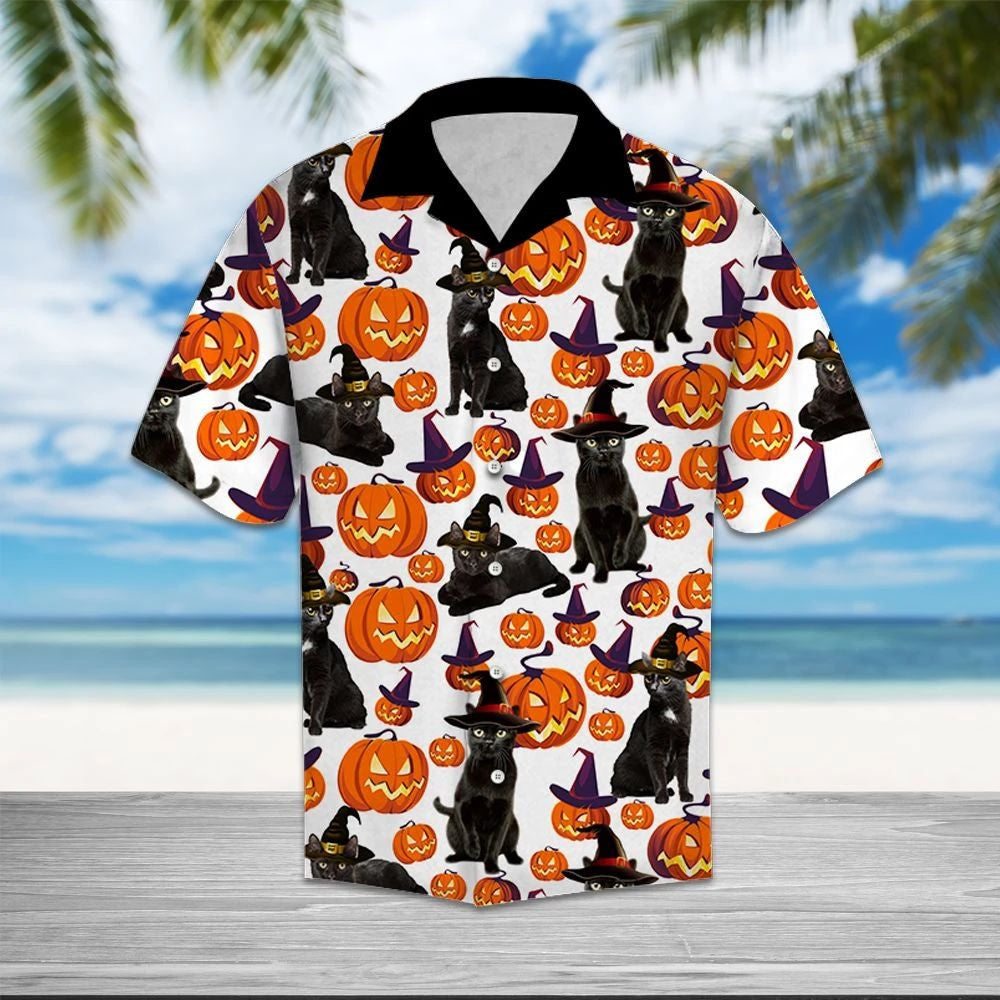 Halloween Witch Black Cat Pumpkin Pattern Hawaiian Shirt,Hawaiian Shirt Gift, Christmas Gift