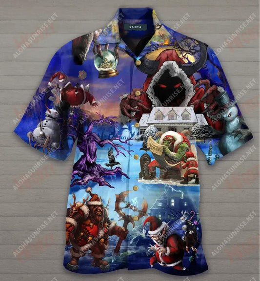 Scary Santa Nollag Gearr Léine Haváís Laethanta Saoire Muinchille Gearr Léinte Seanré Haváíais Léinte haváíais d'Fhir, Bronntanas Léine Haváís, Bronntanas Nollag