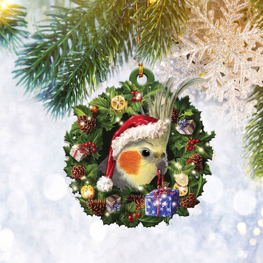 Cockatiel Christmas Wreath Ornament Flat 2D, Dog Lover Gifts, Christmas Tree Ornament, Home Decor Plastic Ornament, Christmas Gift, Christmas Decoration