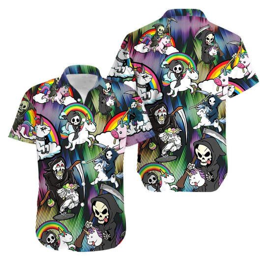 Watercolor Grim Reaper Riding A Unicorn Hawaiian Shirt, Hwaiian For Gift