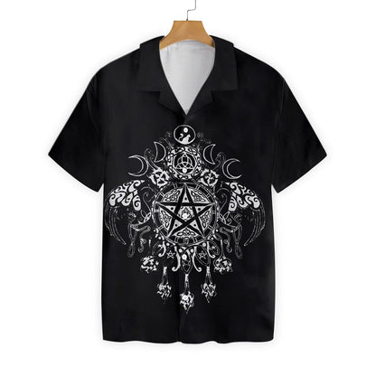 Wicca Pentagram On Black Background Pattern Hawaiian Shirt, Hwaiian For Gift