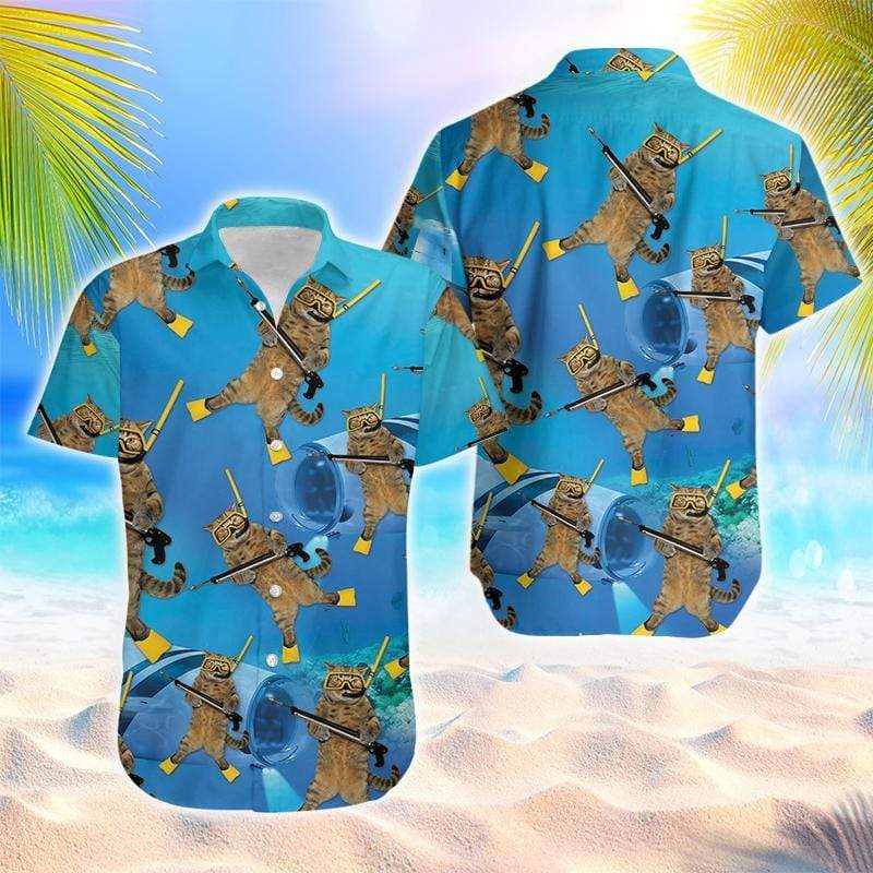 Cat Hawaiian Shirt - Funny Cat Diving Blue Ocean Hawaiian Shirt - Present For Cat Loversâ€“ Dnstyles_Hawaiian Shirt Gift, Christmas Gift