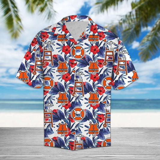 Lifeguard Equipment And Palm Tree Flower Pattern Hawaiian Shirt, Hawaiian Shirt Gift, Christmas Gift