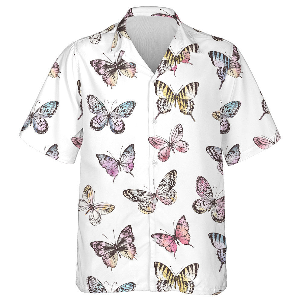 Hand Drawn Butterfly Silhouettes With Watercolor Hawaiian Shirt, Hawaiian For Gift