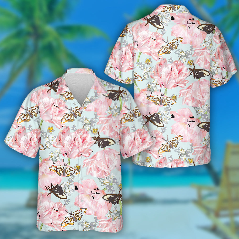 Theme Butterfly With Pink Tulips And Daisies Hawaiian Shirt, Hawaiian Shirt Gift, Christmas Gift