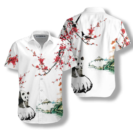 Nice Panda With Plum Blossom Design Hawaiian Shirt,Hawaiian Shirt Gift, Christmas Gift