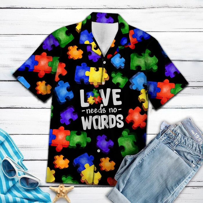 Hawaiian Shirt Colorful Autism Puzzle In Black Love Needs No Words, Hawaiian Shirt Gift, Christmas Gift