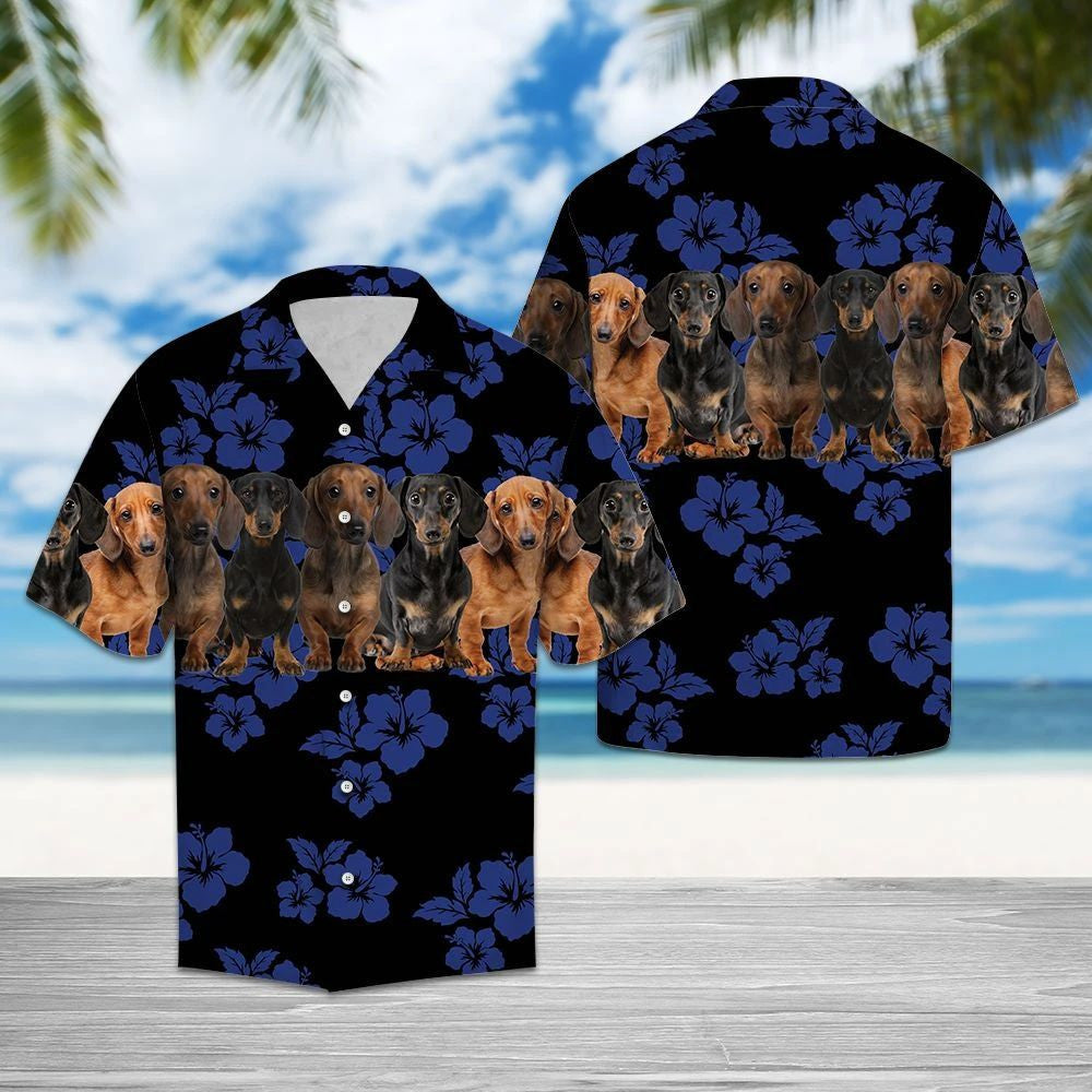 Dachshund Dogs With Blue Hibiscus In Black Hawaiian Shirt, Hawaiian Shirt Gift, Christmas Gift