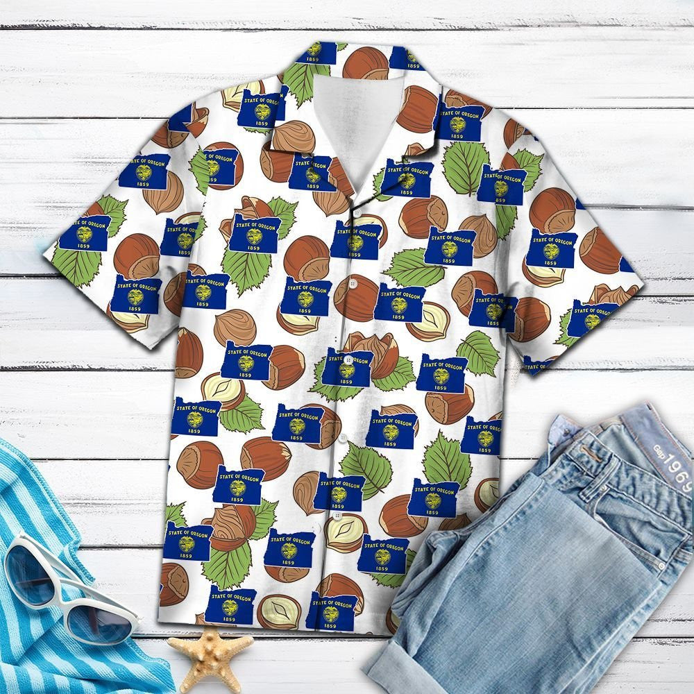Oregon Hazelnut And Leaves Pattern Hawaiian Shirt,Hawaiian Shirt Gift, Christmas Gift