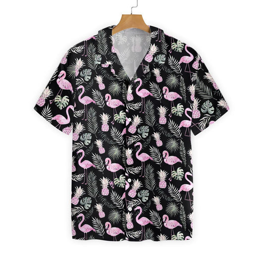 Flamingo Tropical 05 On Black Background Pattern Hawaiian Shirt, Hawaiian Shirt Gift, Christmas Gift