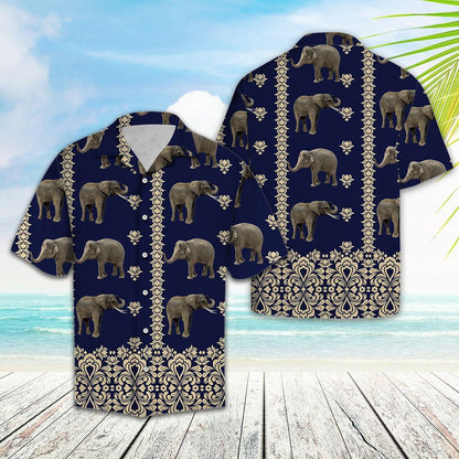 Hawaiian Shirt Elephant With Symbolic Art In Deep Blue, Hawaiian Shirt Gift, Christmas Gift