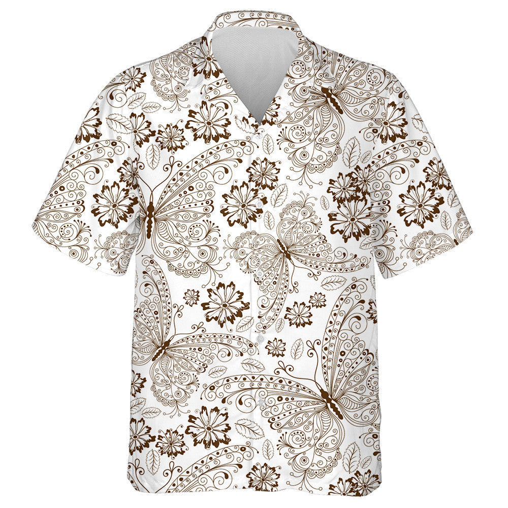 Hand Drawn Vintage Brown Butterflies And Flowers Hawaiian Shirt, Hawaiian Shirt Gift, Christmas Gift