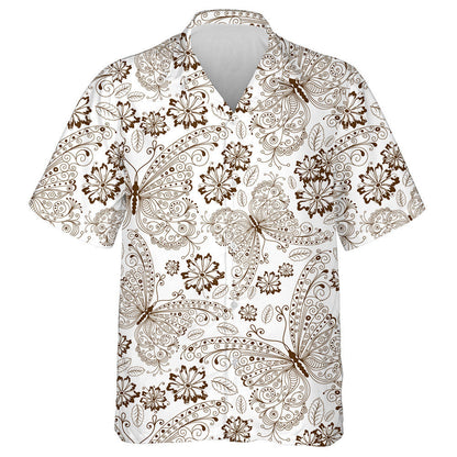 Hand Drawn Vintage Brown Butterflies And Flowers Hawaiian Shirt, Hawaiian Shirt Gift, Christmas Gift