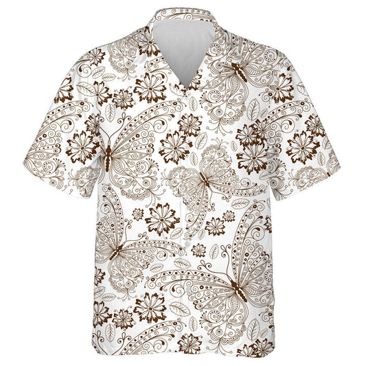 Hand Drawn Vintage Brown Butterflies And Flowers Hawaiian Shirt, Hawaiian Shirt Gift, Christmas Gift