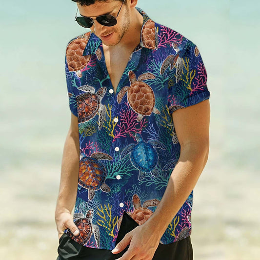 Multicolor Sea Turtle On Coral Background Pattern Hawaiian Shirt, Hawaiian Shirt Gift, Christmas Gift