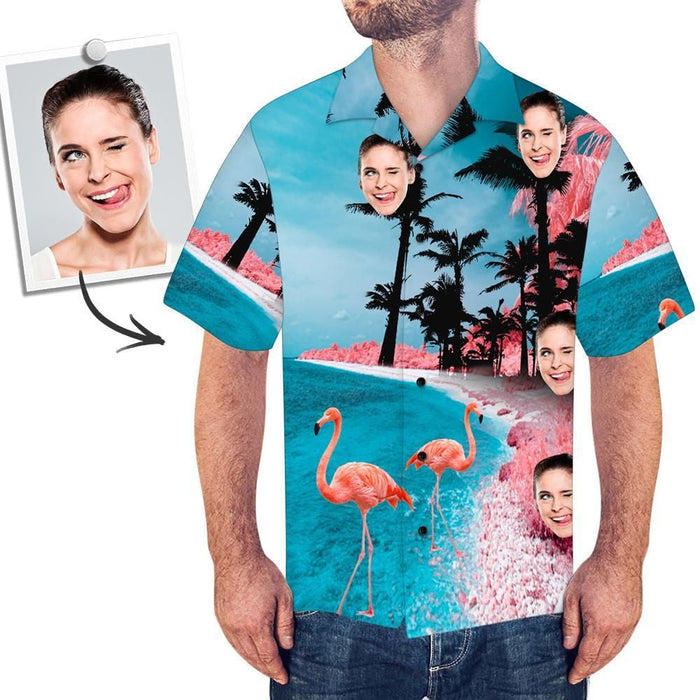 Beach With Flamingo Custom Photo Hawaiian Shirt, Hawaiian For Gift