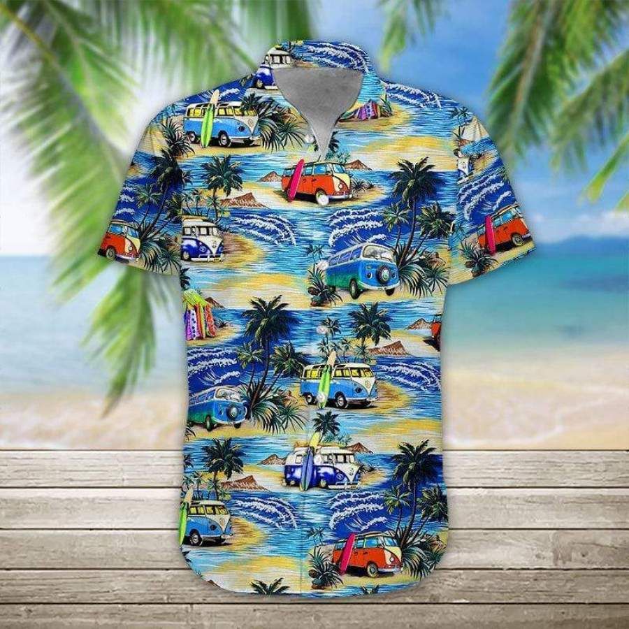 Camper Van On The Beach Hawaiian Aloha Aloha Shirts Hawaiian Shorts Beach Short Sleeve- Hawaiian Shirts -Hawaiian Shirt Gift, Christmas Gift