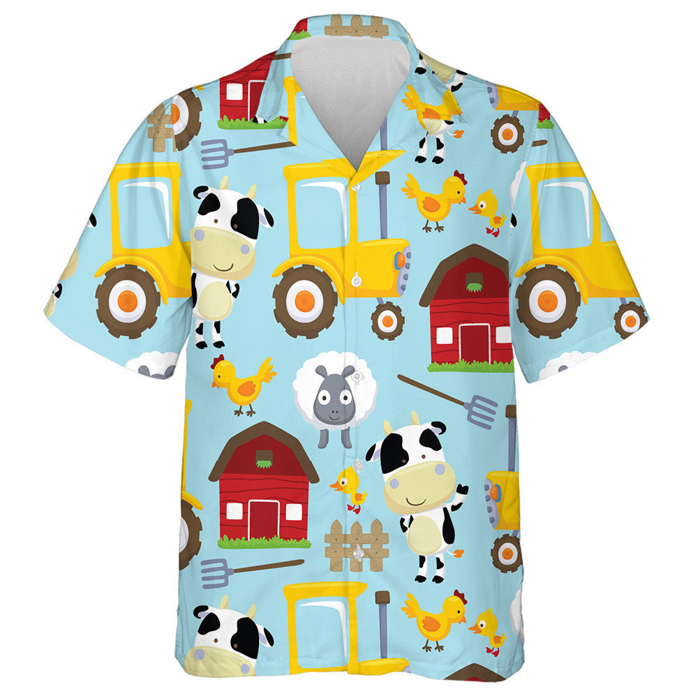 Farm Field Theme Cartoon Cow And Tractor Hawaiian Shirt, Hawaiian Shirt Gift, Christmas Gift