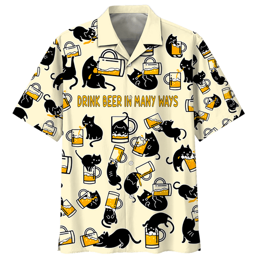 Black Cat Beer Pattern Design Hawaiian Shirt, Hawaiian For Gift