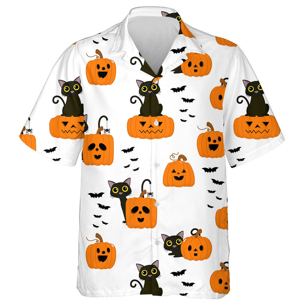 Cute Black Cat Orange Pumpkin And Bat Hawaiian Shirt, Hawaiian Shirt Gift, Christmas Gift