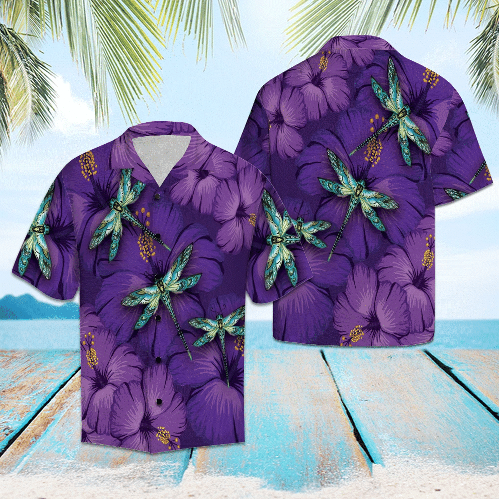 Hawaiian Shirt Purple Hibiscus Blooming With Green Dragonfly, Hawaiian For Gift