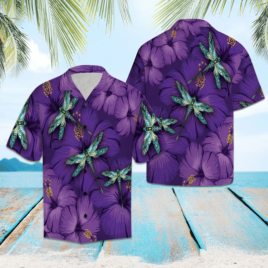 Hawaiian Shirt Purple Hibiscus Blooming With Green Dragonfly, Hawaiian For Gift
