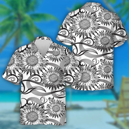Line Art Tracery Isolated Flourish Sunflowers Ornaments Hawaiian Shirt, Hawaiian Shirt Gift, Christmas Gift