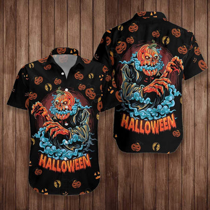 Illustration Hawaiian Shirt Scary Pumpkin Halloween, Hawaiian For Gift