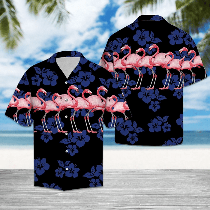 Flamingo Tropical Flower Blue Pattern Black Theme Hawaiian Shirt, Hawaiian Shirt Gift, Christmas Gift