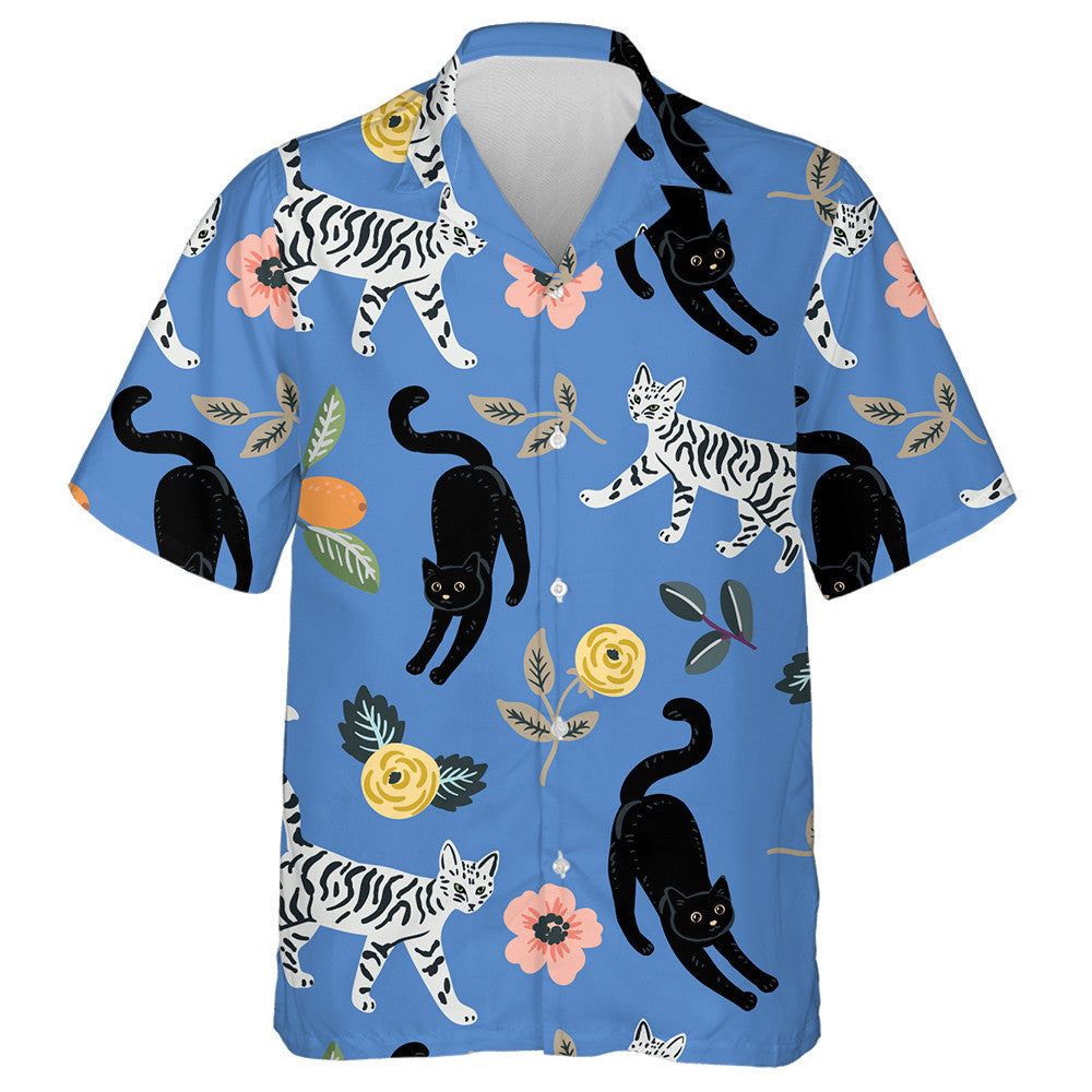 Cute Cats Ad Floral On Blue Background Hawaiian Shirt, Hawaiian Shirt Gift, Christmas Gift
