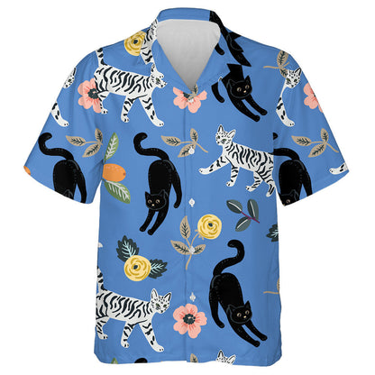 Cute Cats Ad Floral On Blue Background Hawaiian Shirt, Hawaiian Shirt Gift, Christmas Gift