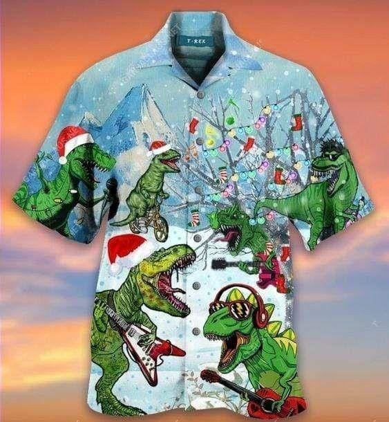 Hawaiian Shirt Dinosaurs Play Guitar On Christmas Day, Hawaiian For Gift