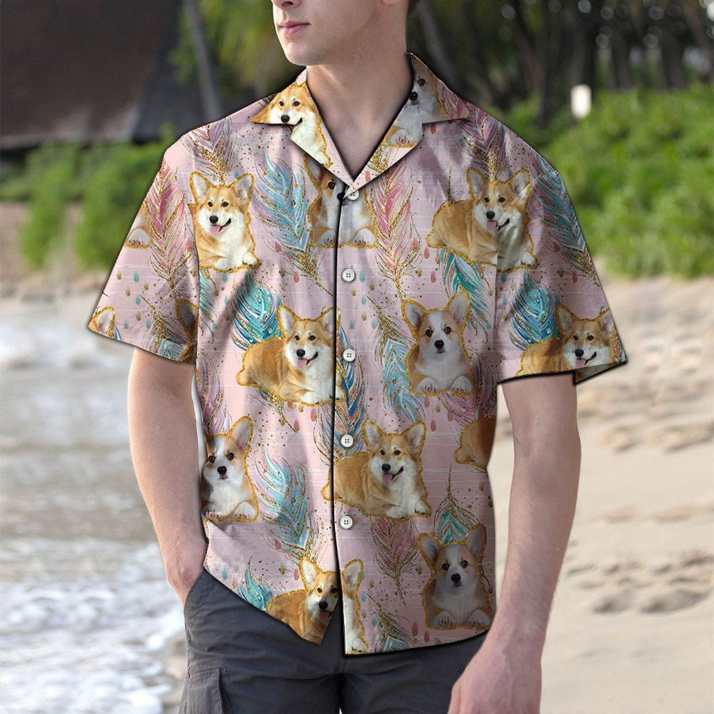 Lovely Pembroke Welsh Corgi Boho Feather Pattern Hawaiian Shirt, Hawaiian Shirt Gift, Christmas Gift